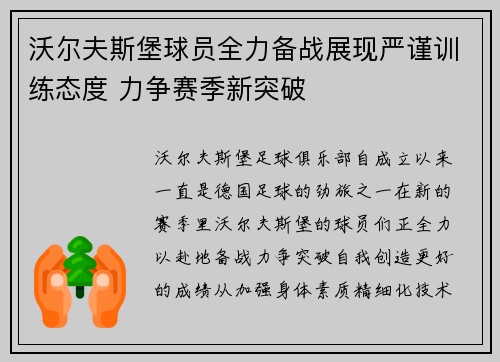 沃尔夫斯堡球员全力备战展现严谨训练态度 力争赛季新突破