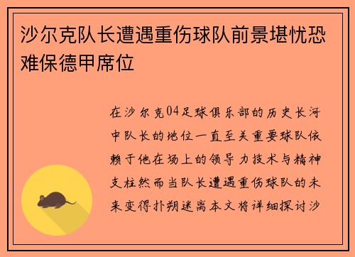 沙尔克队长遭遇重伤球队前景堪忧恐难保德甲席位