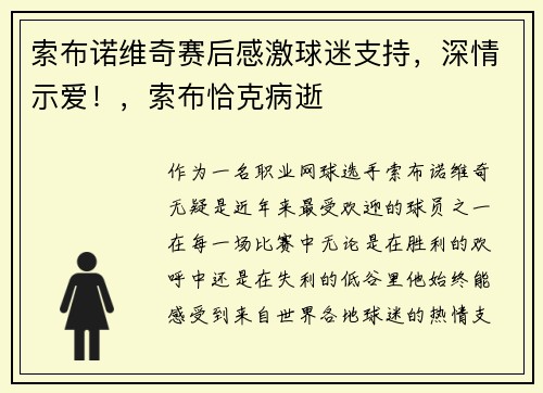 索布诺维奇赛后感激球迷支持,深情示爱!,索布恰克病逝