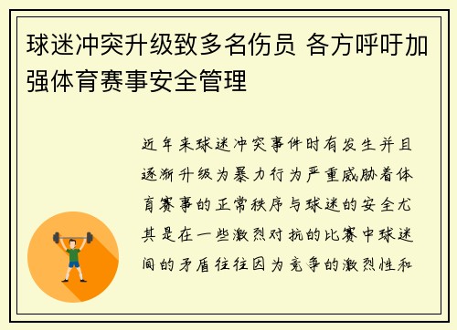 球迷冲突升级致多名伤员 各方呼吁加强体育赛事安全管理