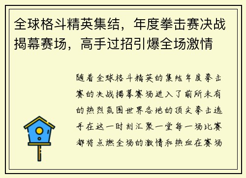 全球格斗精英集结,年度拳击赛决战揭幕赛场,高手过招引爆全场激情