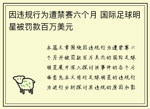 因违规行为遭禁赛六个月 国际足球明星被罚款百万美元